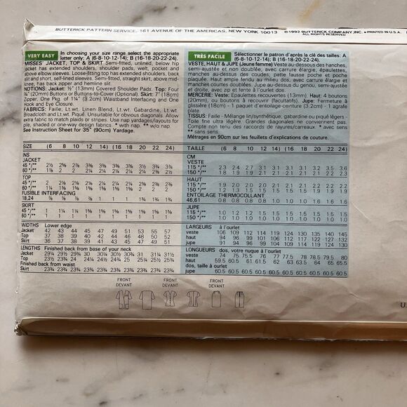 See & Sew Pattern 6252 Size B 16-18-20-22-24 Women's Jacket Top Skirt Uncut 1992 - Picture 4 of 6